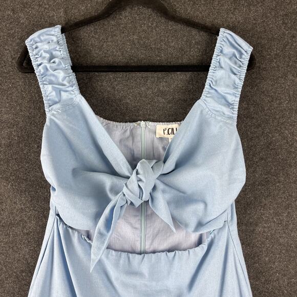 P Cill Linen Blend Mini Dress Womens Large Blue Tie Front Ruffle Cut Out NEW - Picture 2 of 13